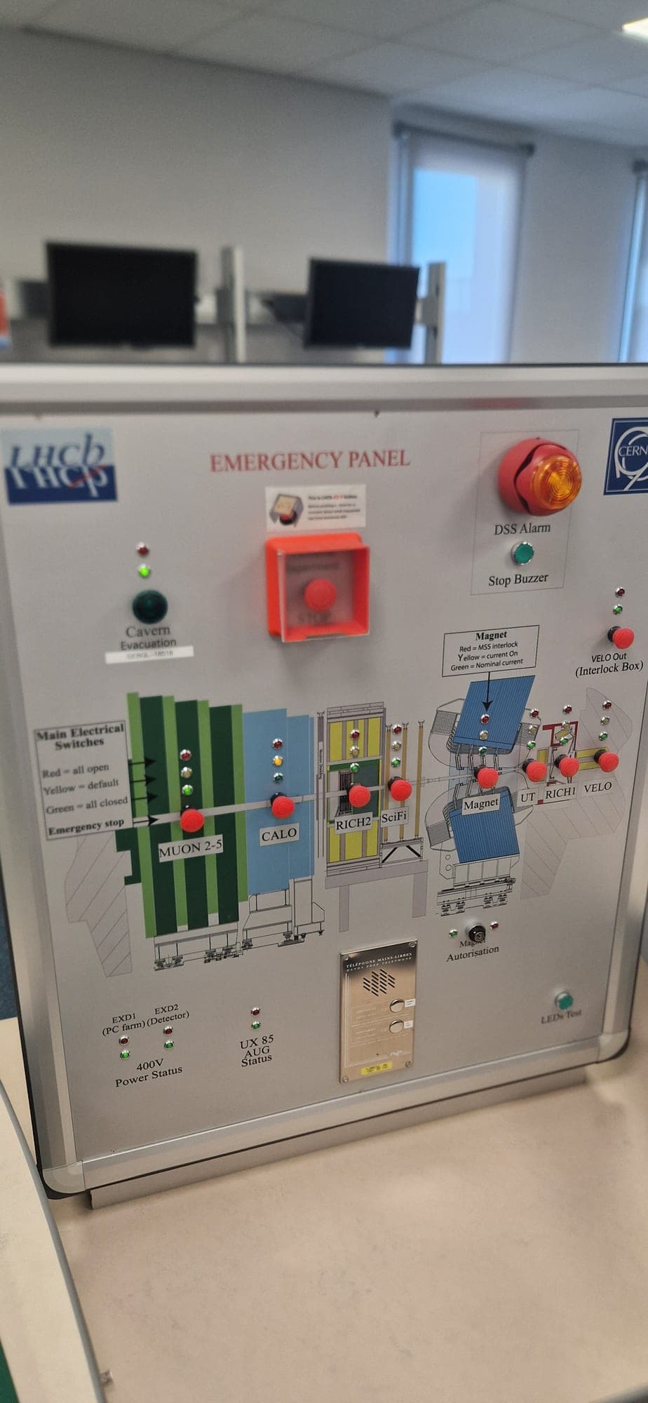 The emergency panel in the LHCb control room at CERN