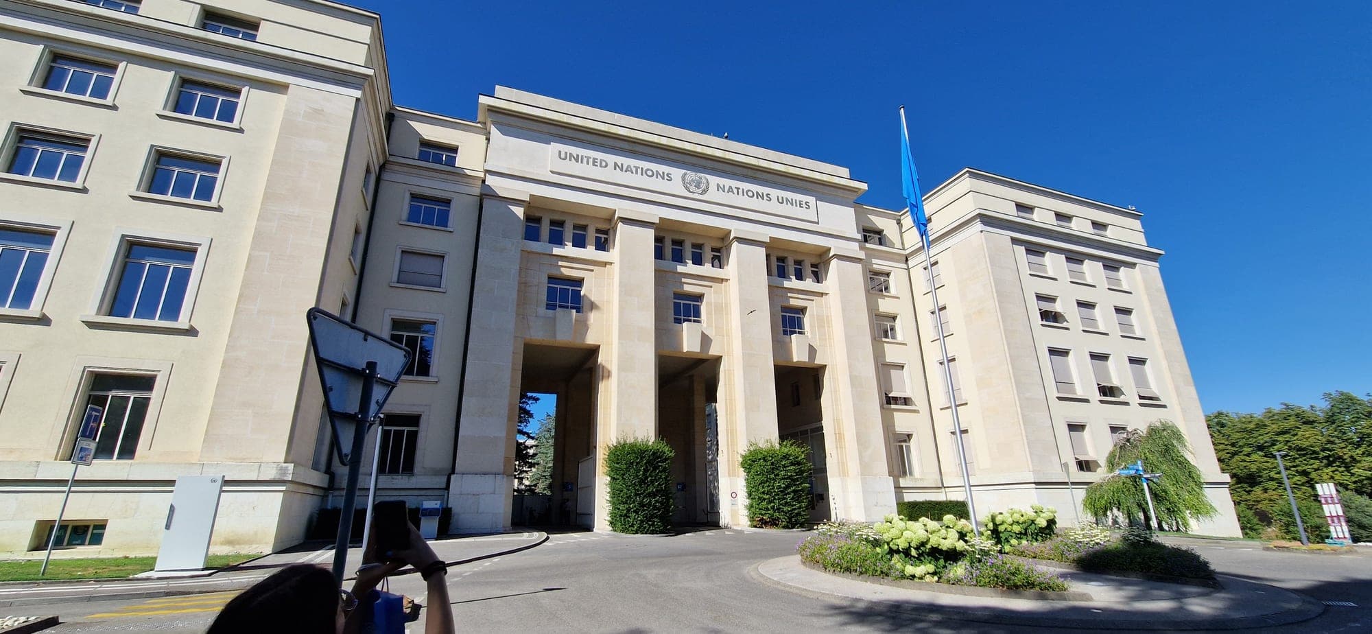 The colonnaded entrance to the Palais des Nations